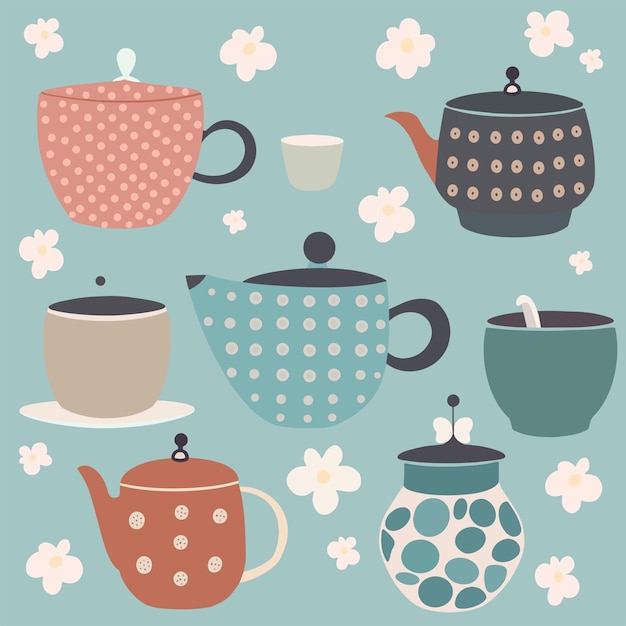 A collection of teapots with flowers