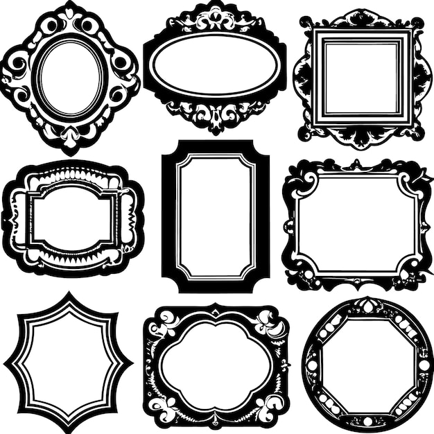 Collection of ten ornate frames in various shapes all black and white isolated on white background