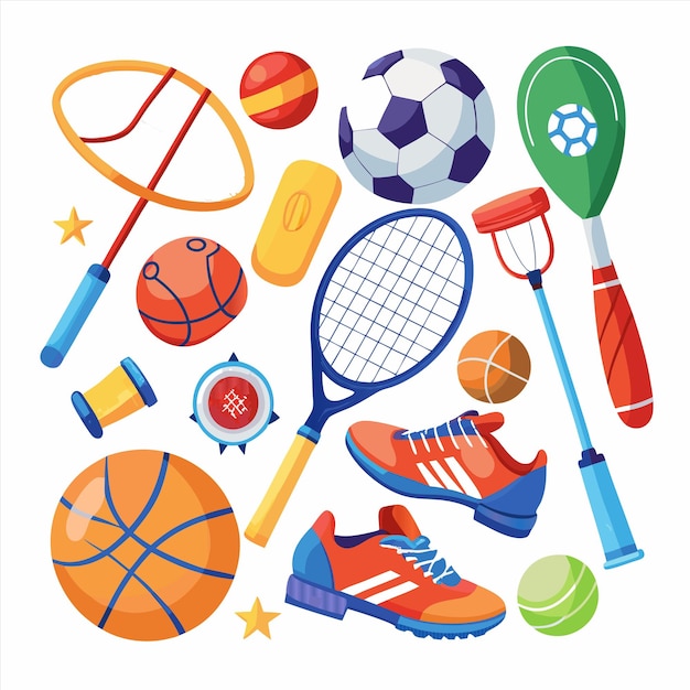 Vector a collection of tennis and sport items including a tennis racket and a ball