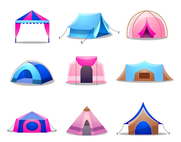 Collection of tents for camping in nature and for outdoor celebrations. Set of various tents for camping and marquee.