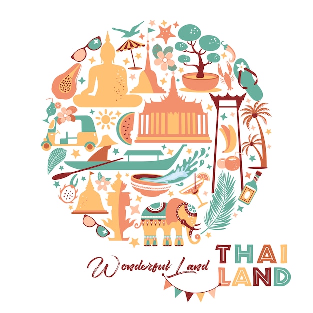 Collection of Thailand symbols in circle. Travel illustration. Web banner of travel in circle composition.