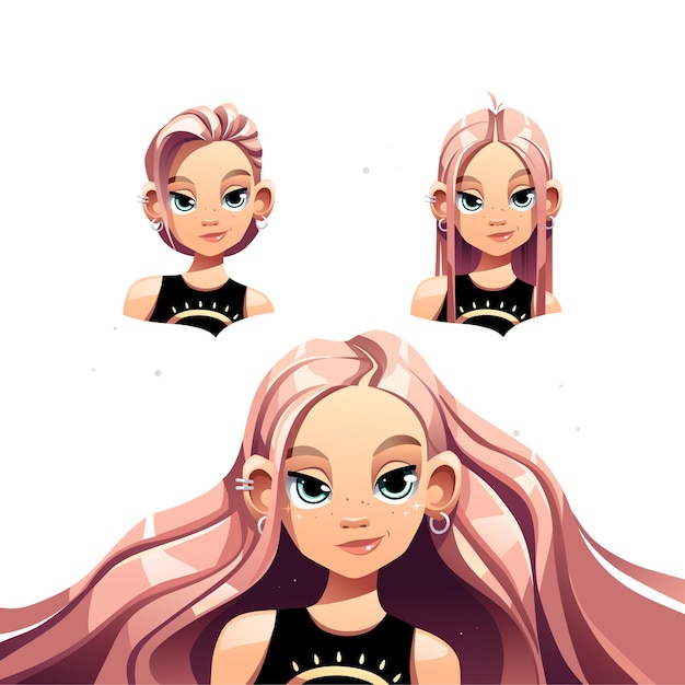 Collection of three girls with pink hair of different lengths from short to very long