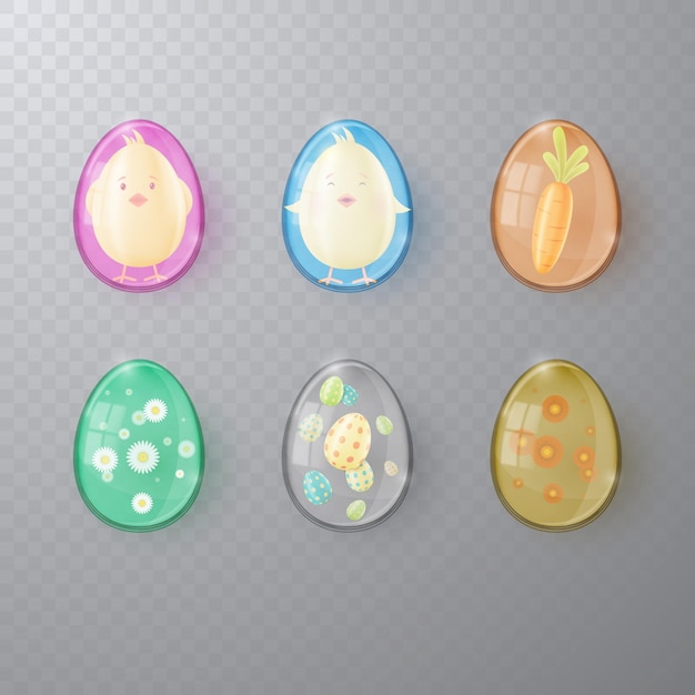 Collection of transparent glass realistic Easter eggs.