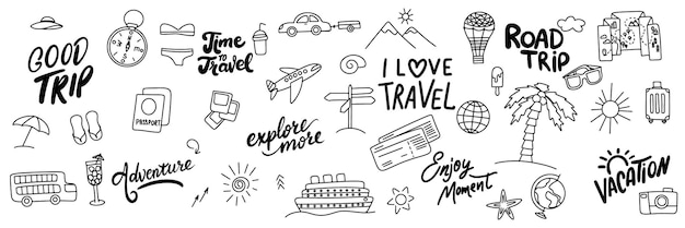 Vector collection of travel icons set in doodle style hand drawn vector art