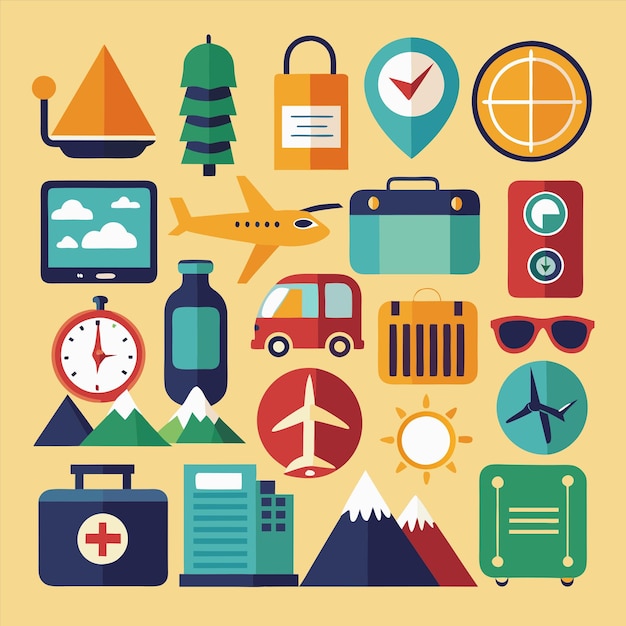 a collection of travel items including a plane plane plane and plane