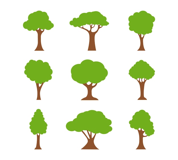 Collection trees in flat style Nature icons Green planet sign