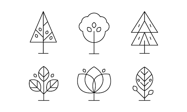 Collection of trees in linear style decorative plants vector illustration on a white background