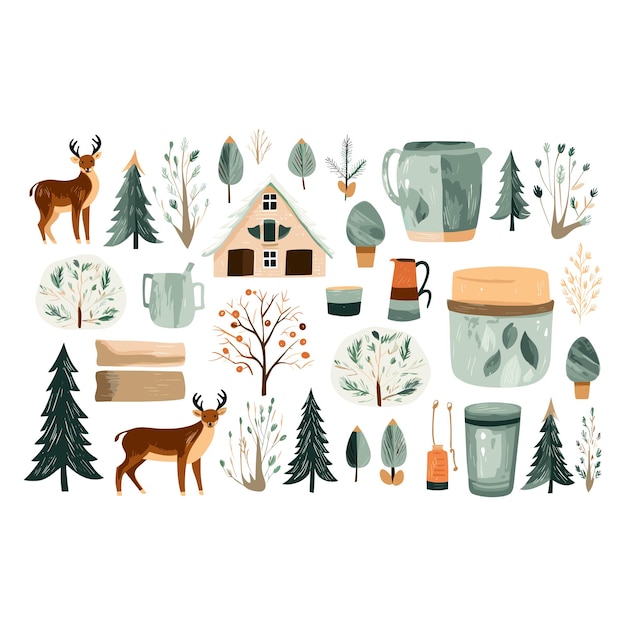 a collection of trees and plants including a house a deer and a house