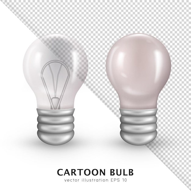 Collection of two 3d incandescent bulbs. Vector cartoon white and transparent retro lightbulbs