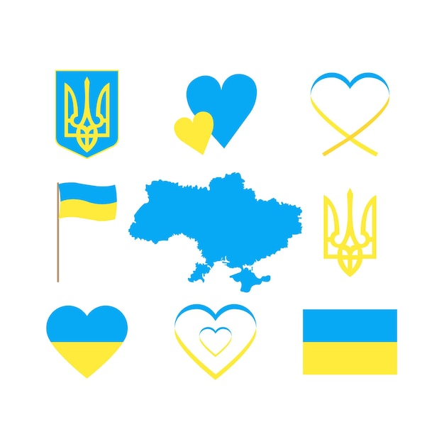 Collection of Ukraine map flag and national emblem on a white background