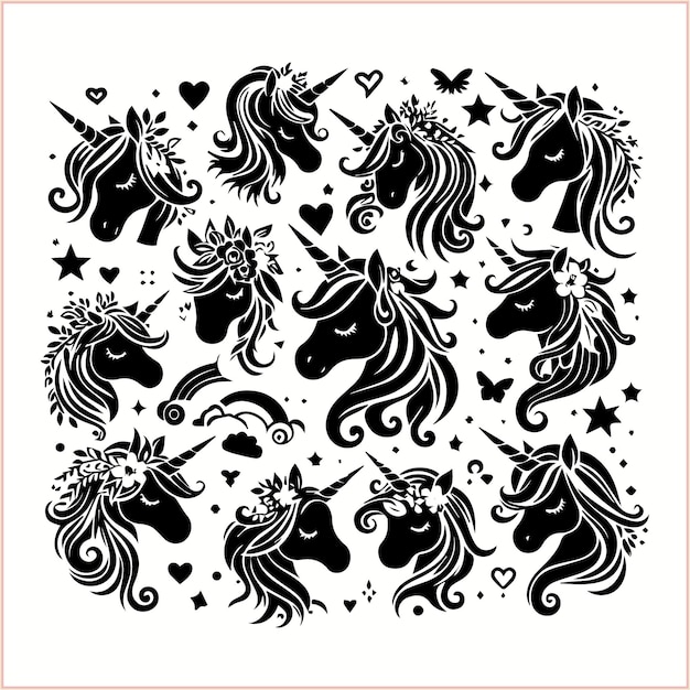 Vector a collection of unicorns and hearts with the words  unicorn  on them