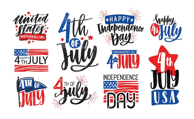 Collection of USA Independence Day lettering written with artistic calligraphic fonts and decorated. Set of handwritten holiday inscriptions isolated on white background. Vector illustration