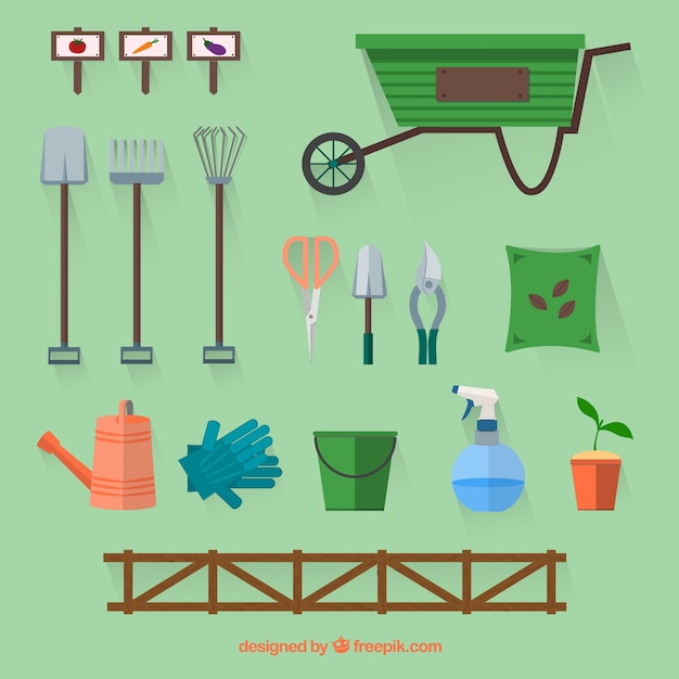 Vector collection of useful garden accessories in flat design