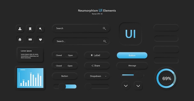 Vector a collection of user interface elements for a mobile application a set of icons for user interface development in black and blue