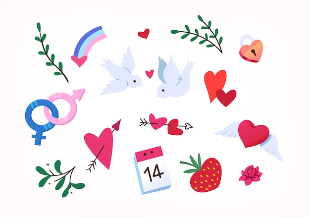 Collection of Valentines day elements Hearts birds and flower vector illustrations