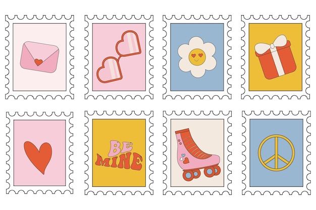 Collection of valentines day stamps in retro groovy style