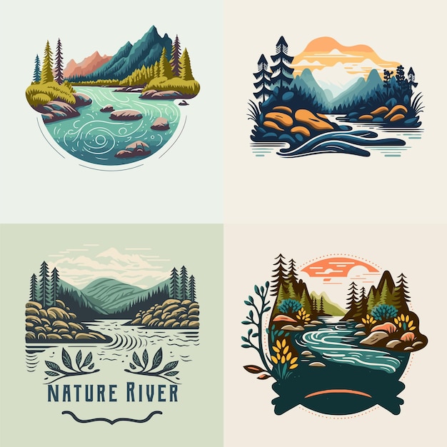 Collection of valley river nature mountain forest logo label badge vector