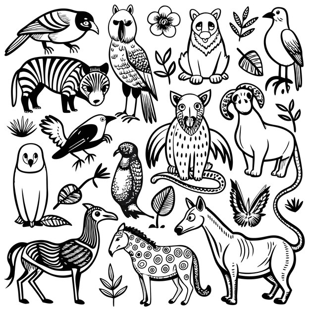 A collection of various animals and plants in a monochrome style