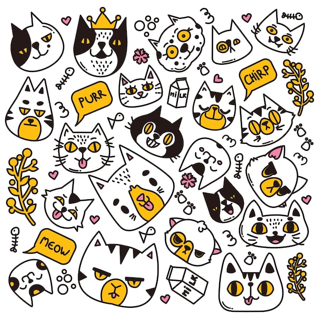 Collection of various cat face and other elements doodles