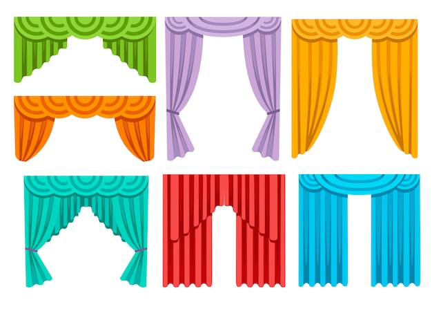 Collection of various colorful curtains. Luxury silk draperies interior decoration .   illustration  on white background