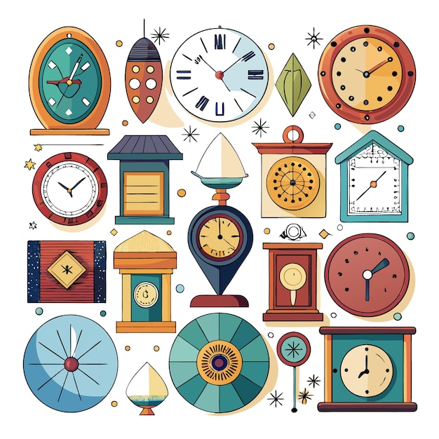 Vector a collection of various decorative clocks in different styles