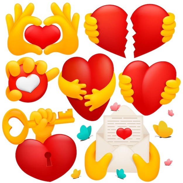 Collection of various emoji yellow hand symbols with red hearts, key, envelope. 3d cartoon style. 