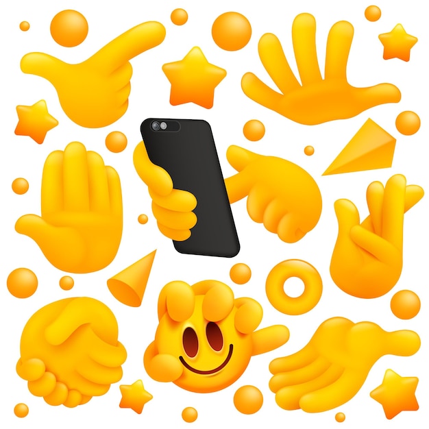 Collection of various emoji yellow hand symbols with smartphone, handshake sign and other gestures. 3d cartoon style.    