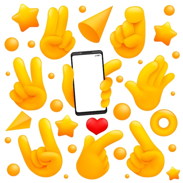 Collection of various emoji yellow hand symbols with smartphone, victory, goodbye signs and other gestures. 3d cartoon style.    