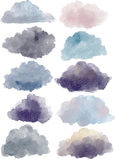 Collection of various hand painted watercolor clouds