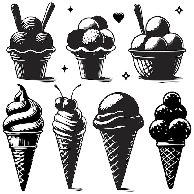 A collection of various ice creams with white background silhouette illustration ice cream clipart