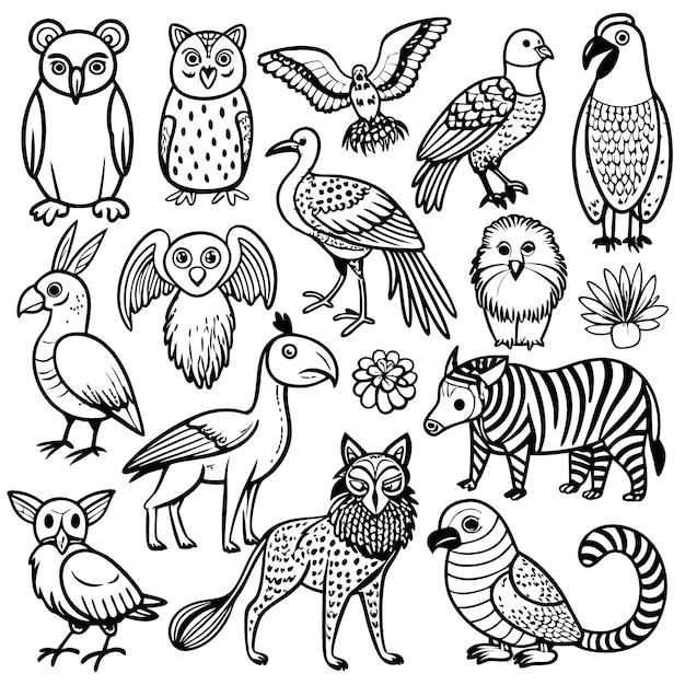 A collection of various illustrated animals in black and white