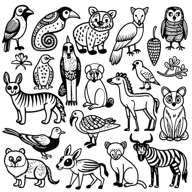 A collection of various illustrated animals in black and white