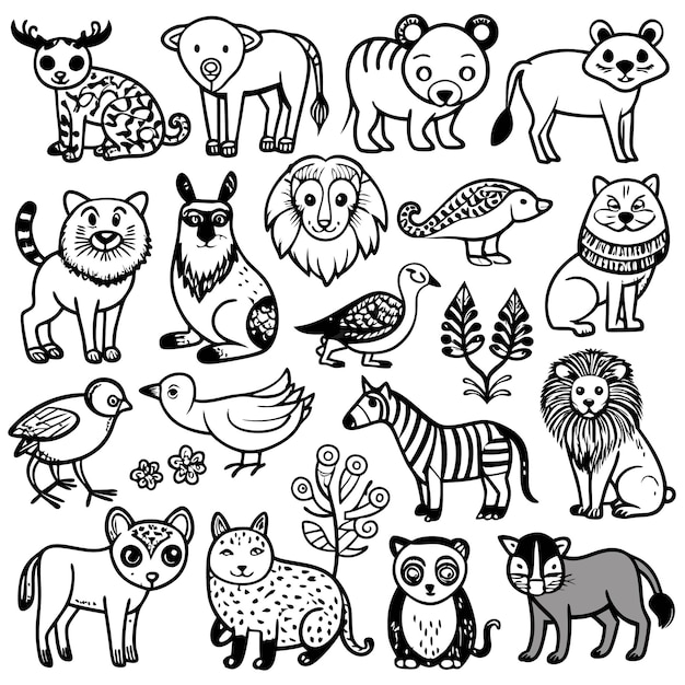 A collection of various illustrated animals in a playful style