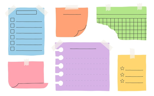 Collection of various paper notes Blank paper notes for todo list planner memories Stickers and assorted pieces of scotch tape Vector planner template