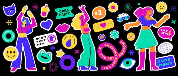 A collection of various patches for a girly party dancing teenagers bright stickers