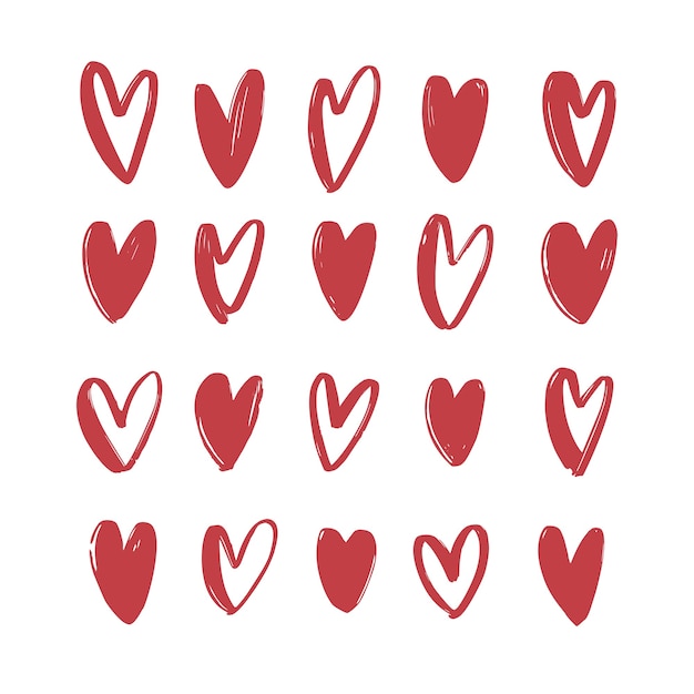 Collection of various red hand drawn hearts isolated. Bundle of love, romance and passion symbols for Valentine's day. Set of romantic design elements