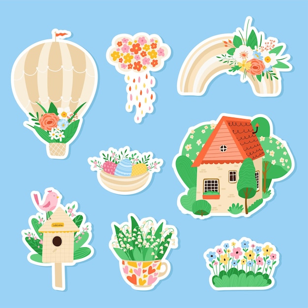 Collection various spring sticker in flat style.