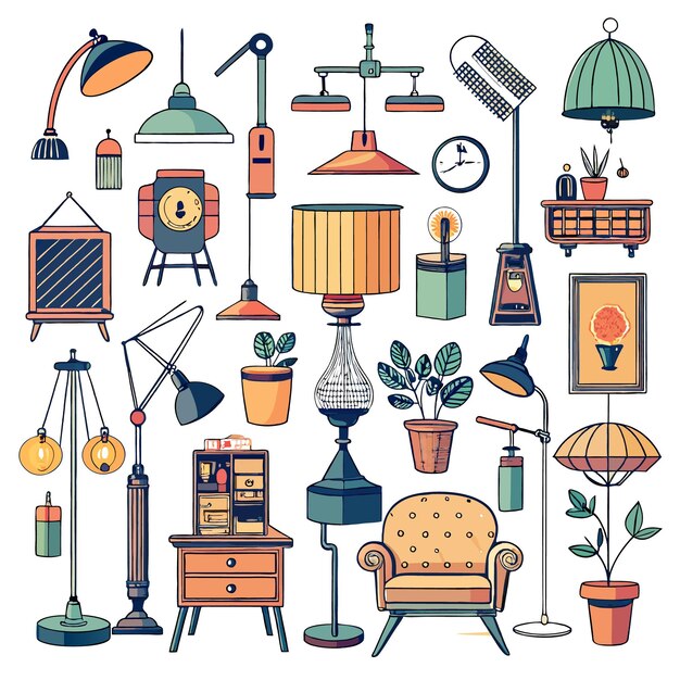 Vector collection of various stylish lamps and home decor items