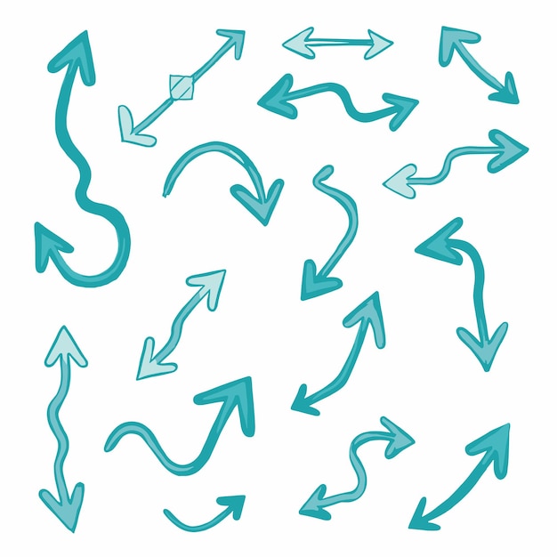 A collection of various teal arrows in different shapes and directions on a white background