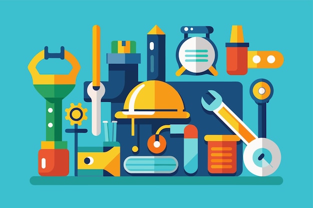 Vector collection of various tools arranged on a blue surface ready for use or maintenance maintenance simple and minimalist flat vector illustration