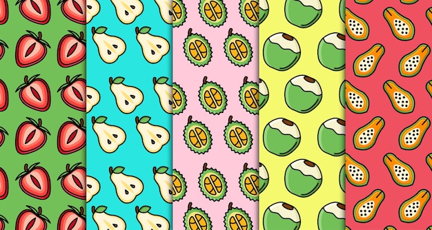 Collection of various tropical fruits in seamless vector pattern illustration