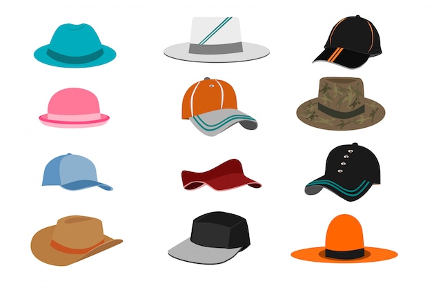 Collection of various types of hats on white background