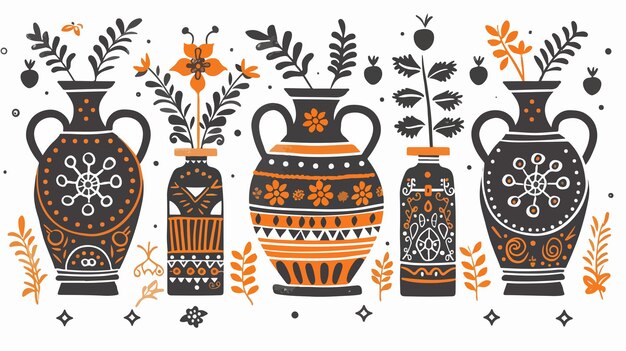 Vector a collection of vases with flowers and leaves