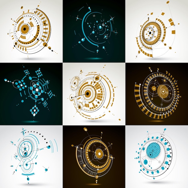 Collection of vector abstract backgrounds created in Bauhaus retro style. Modern geometric composition can be used as templates and layouts. Engineering technological wallpaper made with circles.