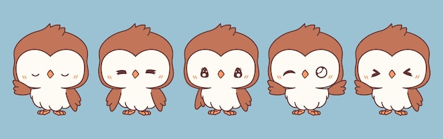 Collection of vector cartoon owl art set of kawaii isolated animal illustrations