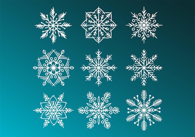 Collection of vector different drawn white decorative snowflakes on a blue background