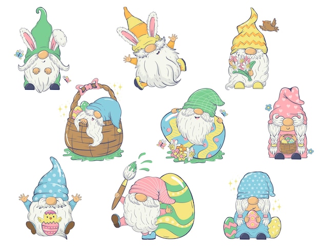 Collection of vector Easter gnomes in different poses with Easter eggs bunny ears spring flowers Clipart For cards invitations packaging design posters prints