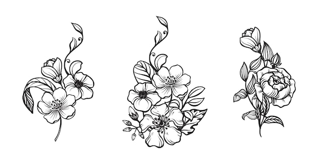 Collection of vector hand drawn arrangements with flowers and leaves