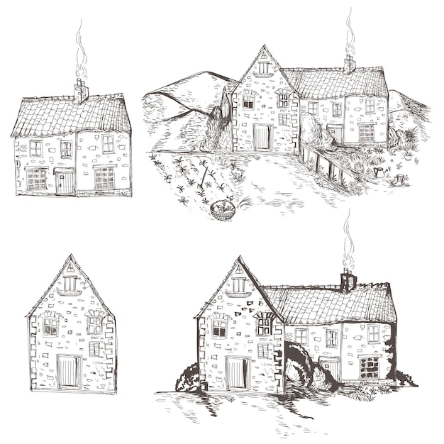 Collection of vector hand drawn houses village vintage farm buildings