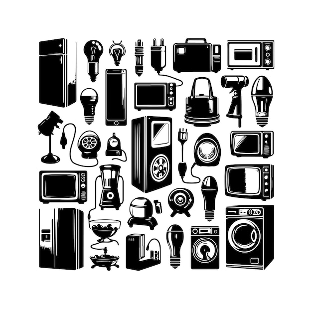 Collection of vector illustrations of silhouettes of household electrical equipment